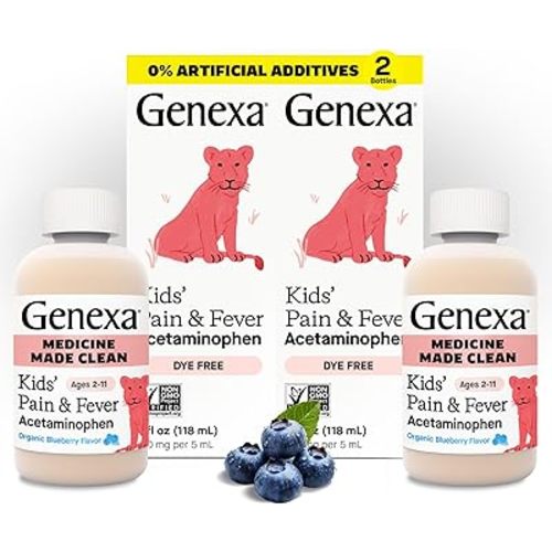 Genexa Kids’ Clean Pain & Fever Acetaminophen, Dye Free, 0% Artificial Additives, Delicious Organic Blueberry Flavor, Liquid Oral Suspension Medicine, Children 2-11, 160 mg per 5mL, 8 fl oz (2 Pack)