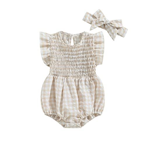 Infant Newborn Baby Girl Summer Outfit One Piece Smocked Romper Ruffle Sleeve Plaid Playsuit Headband 3 6 9 12 18M