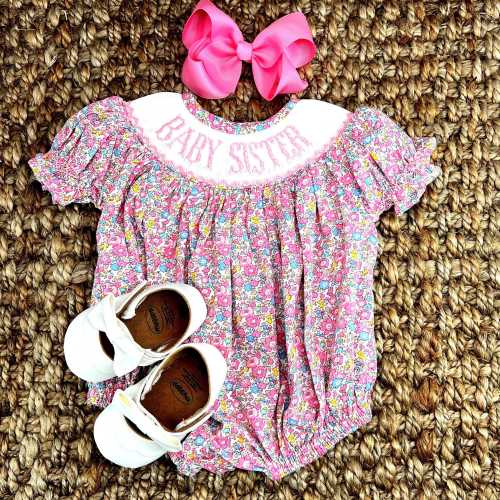 Baby Sister Smocked Floral Romper, Bubble, Coordinating Brother & Sister outfits, Gender Reveal, Baby Girl, Baby Gift 648 *F