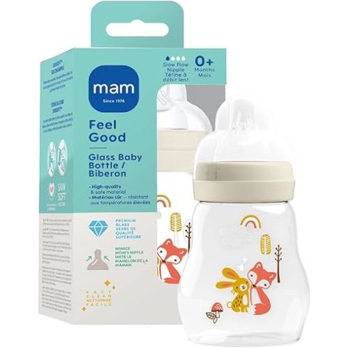 MAM Premium Glass Baby Bottles, Easy Switch Between Breast and Bottle, Feel Good Slow Flow, Newborn Essentials Must Have, 0+ Months, BPA Free, 6oz, Boy, 1 Pack
