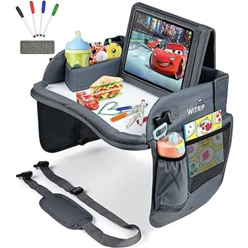 WITRIP Kids Travel Tray with Dry Erase Board, Travel Tray for Kids Car Seat, Carseat Table Trays for Toddler, Kid Activity Desk for Air Travel, No-Drop Tablet Holder & Borders (All Grey)