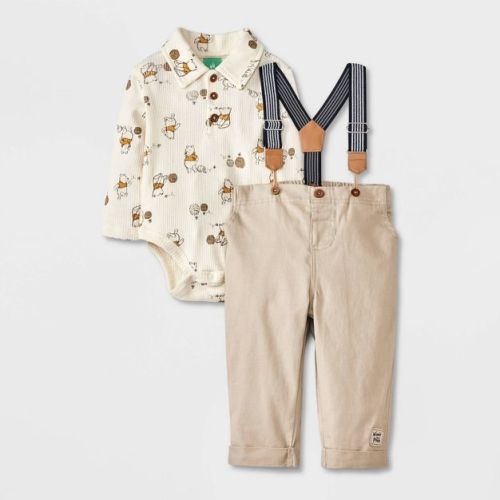Baby Boys' Disney Winnie The Pooh Long Sleeve Bodysuit And Pants Bottom Suspender Set - Beige 6-9m