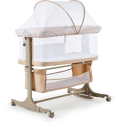 Bedside Bassinet Baby Bassinet, 3 in 1 Bedside Sleeper with Baby Co-Sleeper Travel Crib with Detachable Mosquito Net & Storage Basket | Adjustable Height, Wheels Included