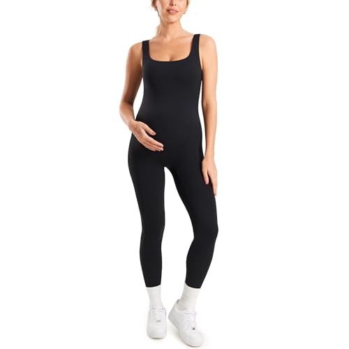 MOMANDA Maternity Jumpsuit Workout Romper for Pregnancy Seamless Leggings Bodysuit Sleeveless Square Neck Tank Top