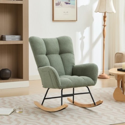 Modern Nursery Rocking Chair Upholstered Glider Chair with High Backrest and Solid Wood Legs, Teddy Fabric Accent Armchair, Green - ModernLuxe