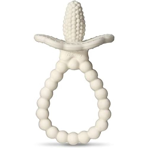RaZbaby Silicone Baby Teether, BerryBumps Textured Silicone Soothes Babies’ Sore Gums, Infant Front and Back Teething Relief Toy, BPA Free, Easy-to-Hold, RaZberry Plus Fruit Shape, 3M+ – White