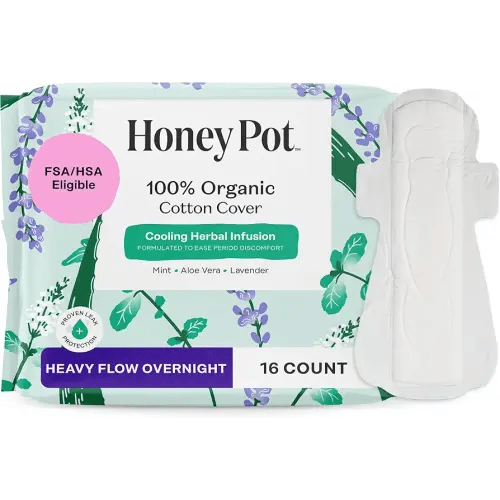The Honey Pot Company - Herbal Sanitary Pads for Women - Heavy Flow Overnight w/Wings - Infused w/Essential Oils for Cooling Effect & Organic Cotton Cover - Feminine Care - 16 ct