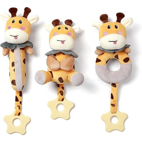 TUMAMA Baby Rattles 0-6 Months, 3 PCS Giraffe Baby Plush Rattles Sensory Toys with Teethers, Newborn Gifts for Babies 0-6 Months