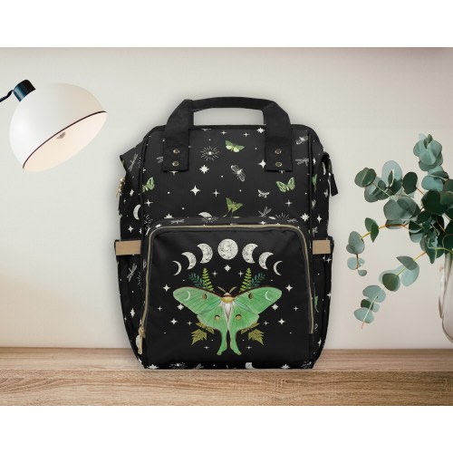 Goth Moth Diaper Bag Backpack Celestial Witchy Goth Baby Shower Gift Idea Insulated Travel Bottle Cooler Boho Moms Dads New Parents Newborn