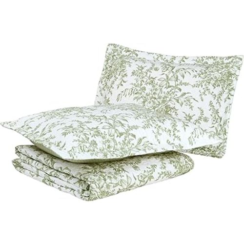 Laura Ashley - King Quilt Set, Reversible Cotton Bedding with Matching Shams, Lightweight Home Decor for All Seasons (Bedford Green/Off-White, King)