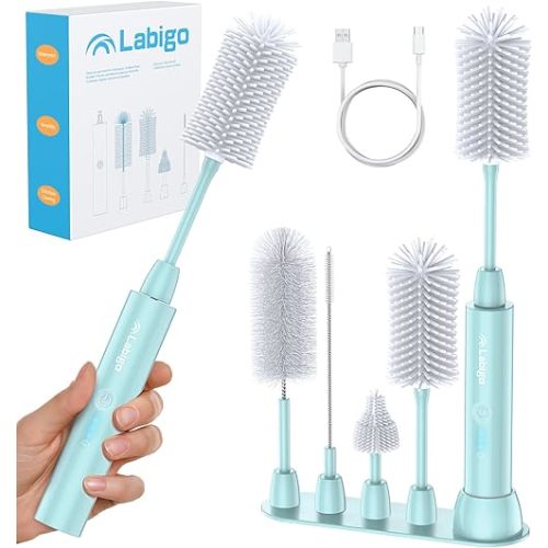 LABIGO Electric Bottle Brush Cleaner Set, Bottle Brush Cleaner with IPX7 Waterproof and 2 Adjust Speeds, 4 Replace Brush Heads for Baby Bottle, Coffee Cup, Mug, Sports Bottle, Glass Cup, Green