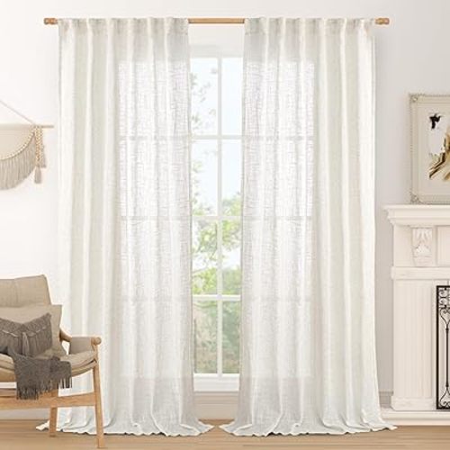 LAMIT Cream Linen Curtains 84 inch Length 2 Panels, Light Filtering Semi Sheer Panels Back Tab and Rod Pocket Neutral Boho Drapes for Bedroom/Living Room, 52 x 84 Inch