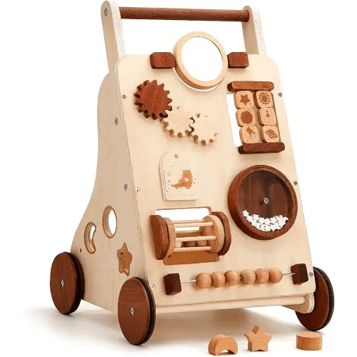 Wooden Baby Walker, Adjustable Push and Pull Learning Activity Center Walker Toy, Natural Wood Sit to Stand Walker for Baby Learning to Walk, Educational Birthday for Toddler Boy Girl 1+