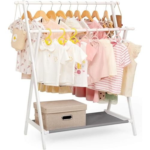 Kids Clothing Rack with 2 Hanging Rods and 4 Hooks, Kid Dress Up Holder with Bottom Storage Shelf, Child Garment Stand, Small and Foldable, Bamboo (White)