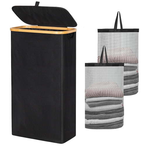 BGTREND Slim Laundry Hamper with Lid 75L Foldable Clothes Basket with 2 Removable Mesh Bags & Bamboo Handle for Closet Bathroom Bedroom (27.5 inches, Black)