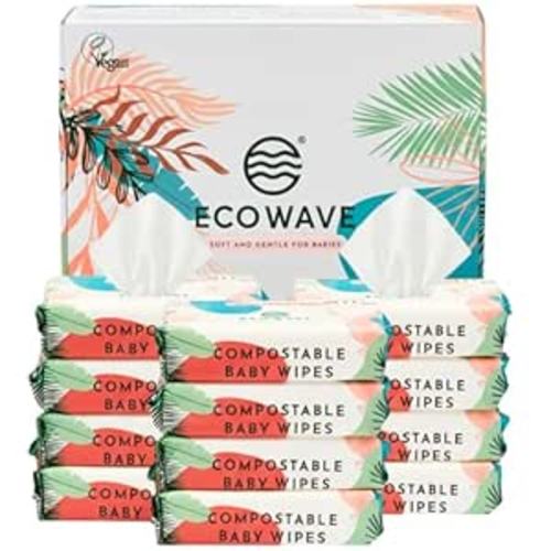 Eco Wave Baby Wipes, 100% Compostable Eco-Friendly Bamboo Wipes, Unscented, Hypoallergenic, Vegan, Alcohol-Free, Suitable For Sensitive Skin (Pack of 12)