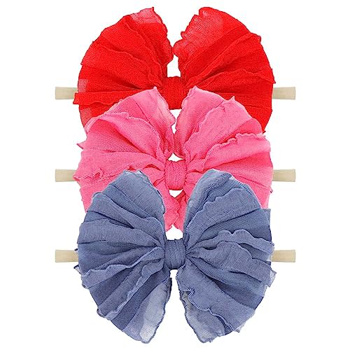 Lanmerry 3 Pack Baby Girls Headbands Soft Elastic Headbands Newborn Lace Hair Bow Hair Accessories for Infant Baby Toddler Girls Rose Navy Red