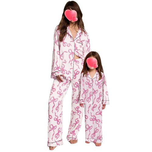 Yuemengxuan Mommy and Me Valentine's Day Pajamas Sets Bow Matching Set Bow Tie Sleeve Love Heart Shirt Pants for Women Girls