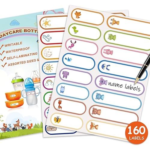 160 PCS Baby Bottle Labels for Daycare, Waterproof Write-On Kids Name Labels, Self-Laminating Self-Adhesive Bottle Strickers for Daycare School, Assorted Sizes & Colors