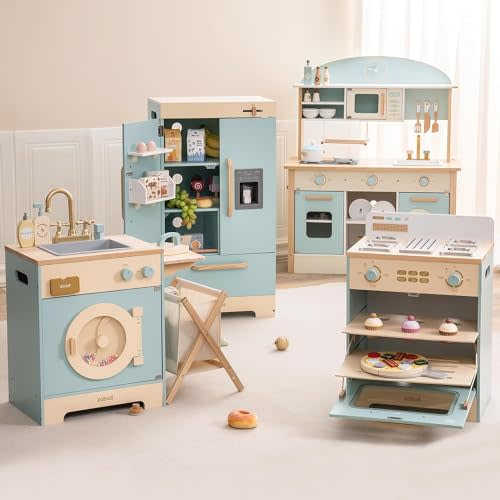 ROBOTIME Wooden Play Kitchen, Toddler Kitchen Playset with Oven, Fridge & Washing Machine, Kids Kitchen Playset Gift for 3+ Year Old Boys & Girls