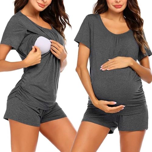Ekouaer Women's Maternity Nursing Pajamas Set Breastfeeding Sleepwear Double Layer Short Sleeve Top & Shorts Pregnancy PJS - B-grey - Small