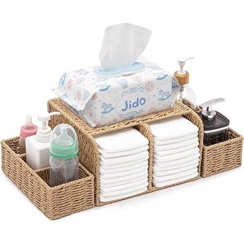 Large Wicker Diaper Caddy Changing Table Organizer Paper Rope Diaper Storage Dispenser Rattan Basket for Wipe Dispenser Wipe Warmer and Other Diapering Essentials