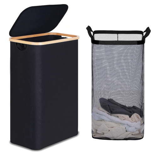 Kisportee Laundry Hamper with Lid, 100L Large Laundry Basket with Bamboo Handles, Collapsible Laundry Bin with Inner Bag for Laundry Room, Bedroom, Bathroom, Black