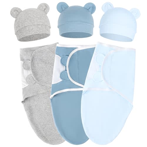 AQOKKA Baby Swaddle Sleep Sacks with Bear Ear Hats Cotton Adjustable Swaddle Blankets Wrap Nursery Swaddles for Newborns Boy Girl Infant 0-3 Months