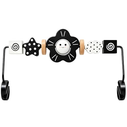 Baby Bouncer Toy Bar– Compatible with Baby Bjorn Bouncer, Wooden Baby Toy Bar Attachment with Spinning Toys, Detachable Bouncers Accessory Gifts for Babies All Ages (Black and White Flower)