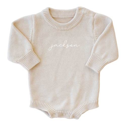 Personalized Knit Sweater Bubble Romper | Sand