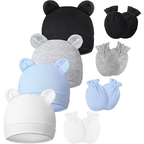 8 Pieces Newborn Baby Hats and Mittens Set Bear Ears Beanies No Scratch Mittens