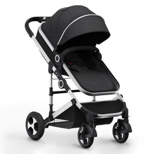 Kinder King Cozi 2 Convertible Baby Stroller, Folding High Landscape Infant Carriage, Adjustable Canopy, Diaper Bag, Anti-Shock, Black