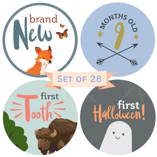 RubyRoo Baby Milestone Stickers - Baby Month Stickers for Baby Boy - 28 Pack - includes 12 Monthly,1st Year Milestones & First Holidays - Perfect Baby Shower & Newborn Birthday Gift (Woodland)