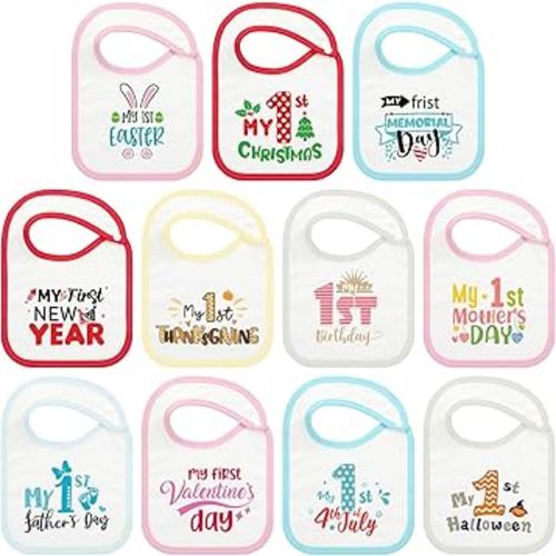 Cuffbow 11 Pcs Baby First Holiday Bibs Set, Girls Boys My First 1st Valentine Easter Birthday New Year Mother Father Day 4th of July Halloween Xmas Bibs for Newborn Infant Feeding Teething Drooling