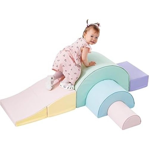 Merax Rainbow Soft Play Set, Soft Climbing Toys for Toddlers with Foldable Slide, Indoor Baby Soft Foam Blocks for Climbing and Crawling, 5-Piece