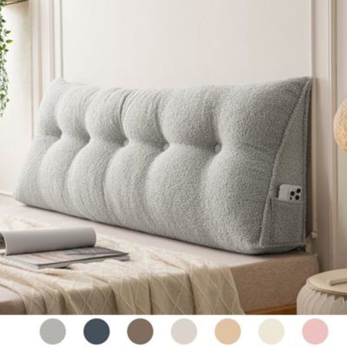 Soft Wedge Teddy Velvet Headboard Pillow w/ Side Pocket - PP Cotton Filled, Triangular Backrest Cushion for Dorm Bed,39.37”x7.9”x19.7”,Light Gray
