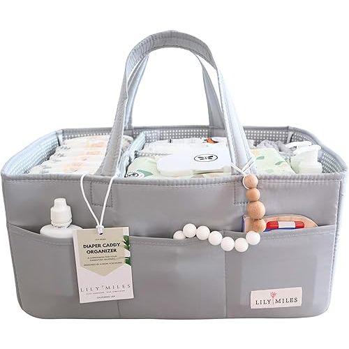 Lily Miles Diaper Caddy Organizer with 8 Pockets, Wipeable Baby Caddy Basket for Diapers and Wipes, Baby Registry Favorites, Nursery Tote Bag for Changing Table or Car (Heather Grey, Large)