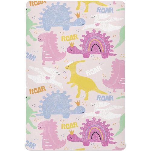 Fitted Crib Sheets Pink Cute Dinosaurs Stretchy Portable Playard Sheets for Baby Toddler, Breathable Soft Mini Crib Mattress 52 x 28 in for Boys and Girls