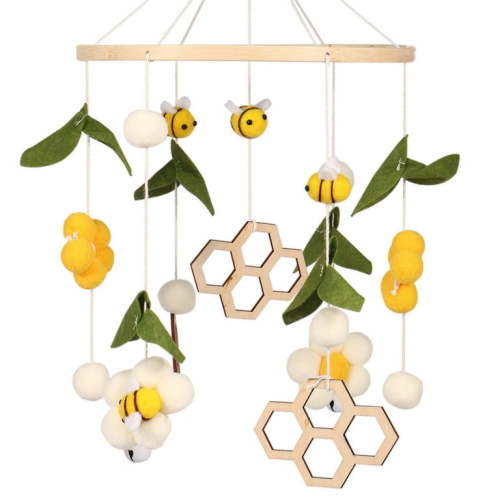 Pcapzz Baby Crib Mobile Wind Chime Bed Bell,Bamboo Wood Soothing Nursery Mobile Hanging Bee Flowers Crib Decor Auditory Visual Development for Bedroom,Circle