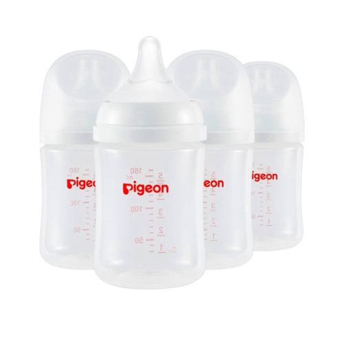 Pigeon PP Nursing Bottle Wide Neck, Anti-Colic, Streamlined Body, Natural Feel, Easy to Clean, 5 Oz (Pack of 4), Includes 4pcs SS Nipples (0m+)