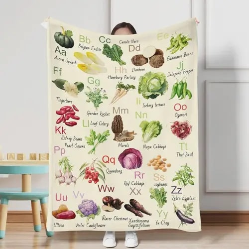 Alphabet Nursery Blanket, Vegetables Food Baby Blanket, Vegetable Printed Swaddle Blanket, Gift Educational Letter Blanket to Toddler Baby, Soft Flannel Baby Learning Blanket for Home Decor-30 * 40