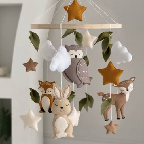 Woodland baby mobile, woodland mobile with forest animals deer hare fox owl, forest baby mobile, neutral mobile, woodland nursery decor