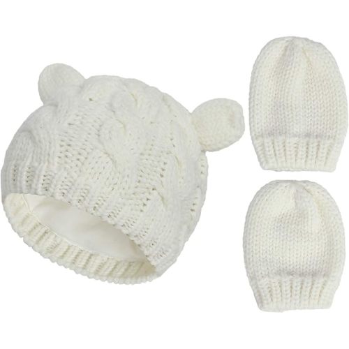 Baby Beanie Baby Hat and Mitten Set Knit Baby Winter Hat Mittens for Newborn Boy Baby Girl Beanie Hats - 0-3 Months - White