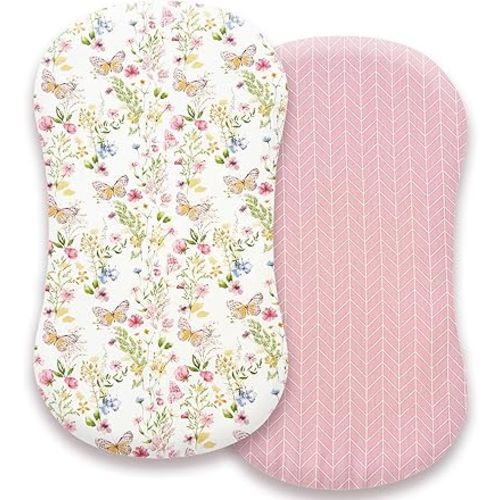 AMROSE Premium Cotton Bassinet Sheets, Fit for Halo Bassinest Swivel Sleeper, 2 Pack Hourglass Bassinet Mattress Sheet Set for Baby Girls, Soft Breathable Safe, Butterfly and Floral