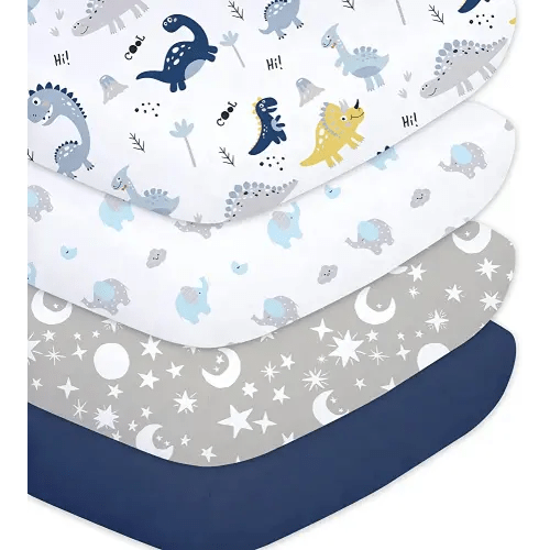 Plushii Crib Sheets for Baby Boys 4 Pack, 28"x 52" Extra Soft Microfiber Crib Sheet Set for Standard Crib & Toddler Mattress Pad, Dinosaur & Elephant & Stars & Navy Blue