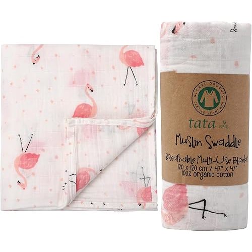 TATA AMG® 100% Organic Muslin Cotton Baby Swaddle Blanket – Soft & Breathable Receiving Blanket for Newborns, Girls & Boys – Large 47x47 | Multipurpose Baby Essentials | Pre-Washed & Gentle on Skin