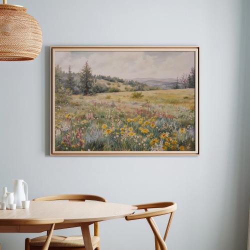Vintage Wildflower Field Wall Art Print or Canvas, Country Flower Cottage Art Vintage Farmhouse Decor, Botanical Spring Floral Meadow Poster