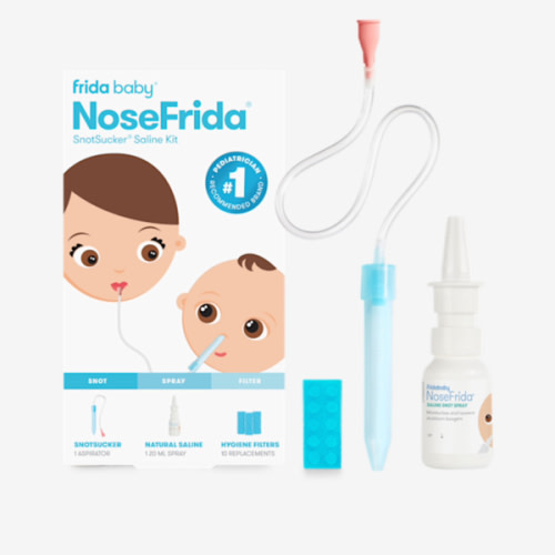Frida Baby Saline Kit, Includes NoseFrida Nasal Aspirator for Baby, Baby Nose Sucker, Saline Nasal Spray for Babies with 10 Extra Hygiene Filters, Nasal Spray Decongestant, 0.68 fl oz