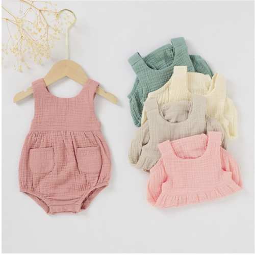 Organic Sleeveless Baby Romper: Infant, Back Overall Button with Front Pocket - Soft Organic Muslin Cotton for Embroidery Blanks