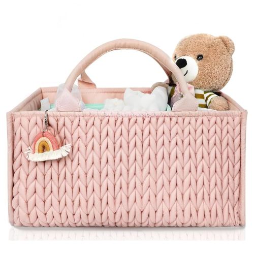 MOMINSIDE Diaper Caddy Organizer, Baby Basket Nursery Storage, Caddy Organizer for Portable Changing Table Dresser Car, Baby Registry Baby Shower Gifts for Girl Boy(Pale Pink)